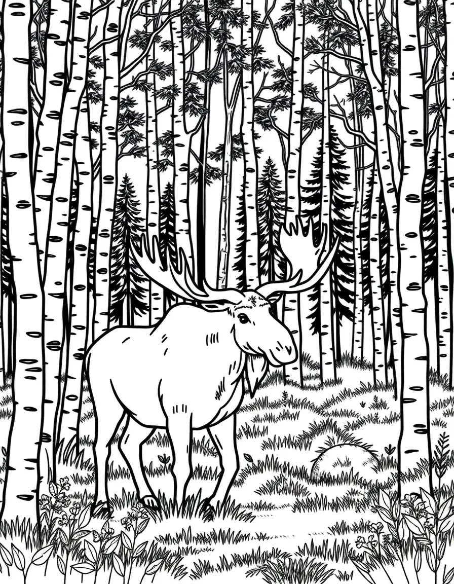 (Finland) A pair of moose wandering among birch trees in the woods.