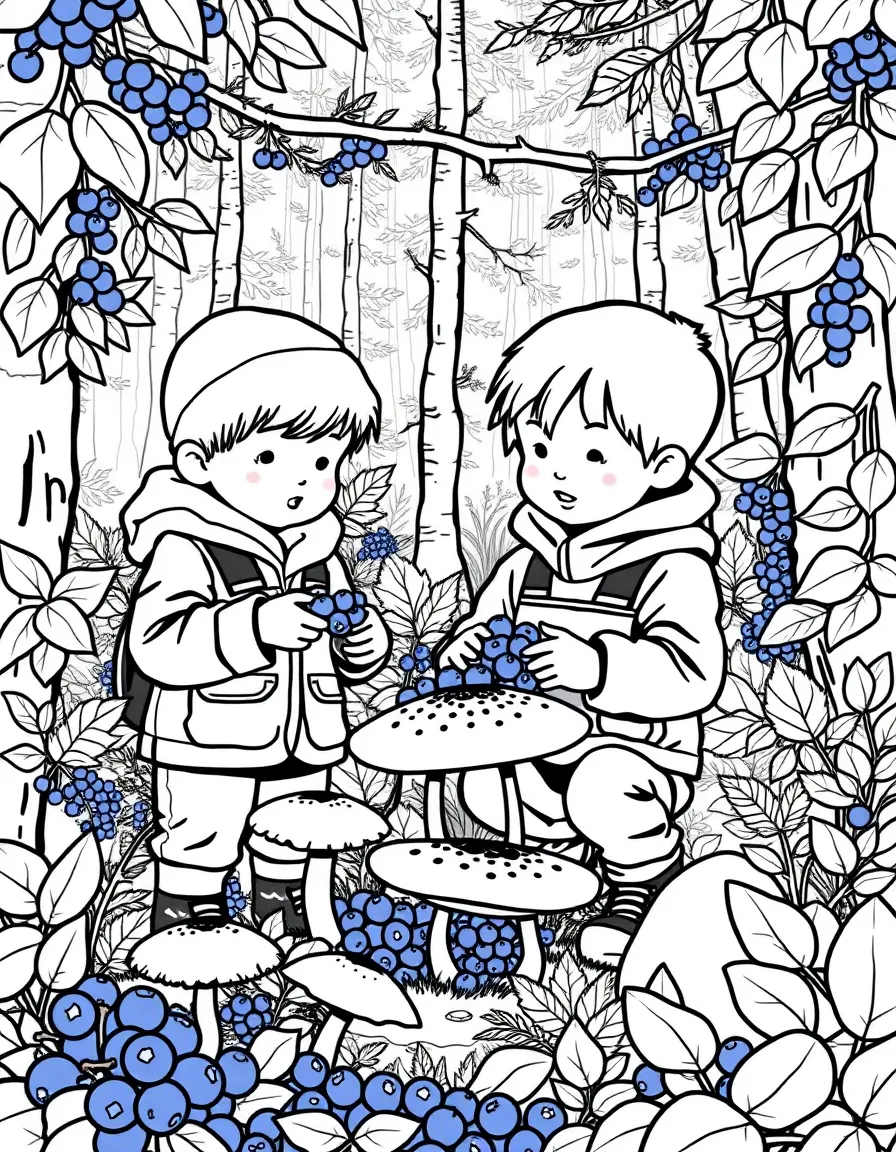 (Finland) Children picking blueberries and mushrooms in a Finnish forest.