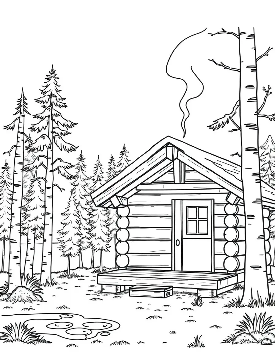 (Finland) A cozy lakeside log cabin sauna with birch trees and steam rising.
