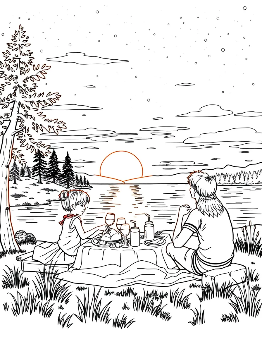 (Finland) A family enjoying a midnight sun picnic by a lake in summer.