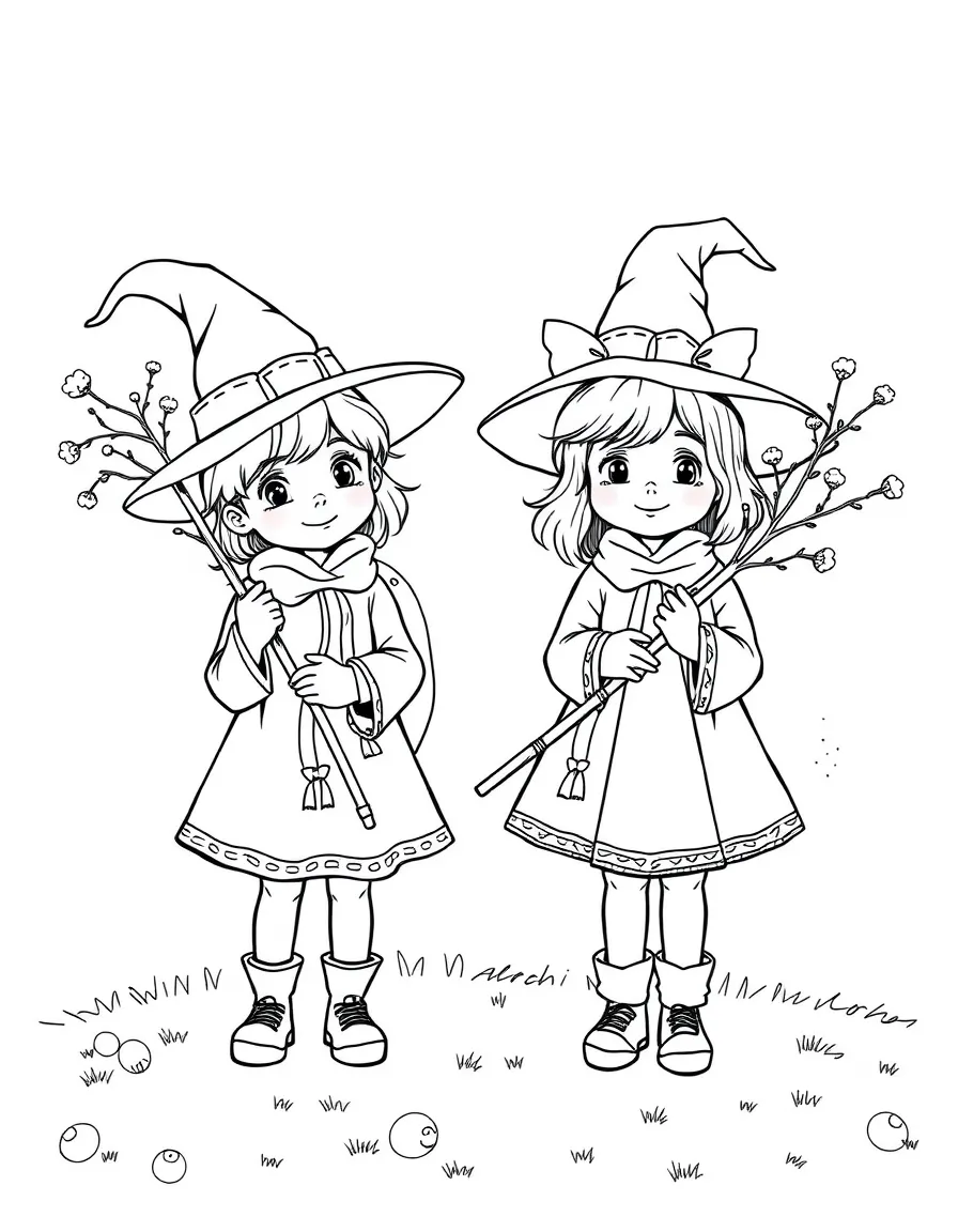 (Finland) Two kids dressed as Easter witches carrying pussy willow branches.