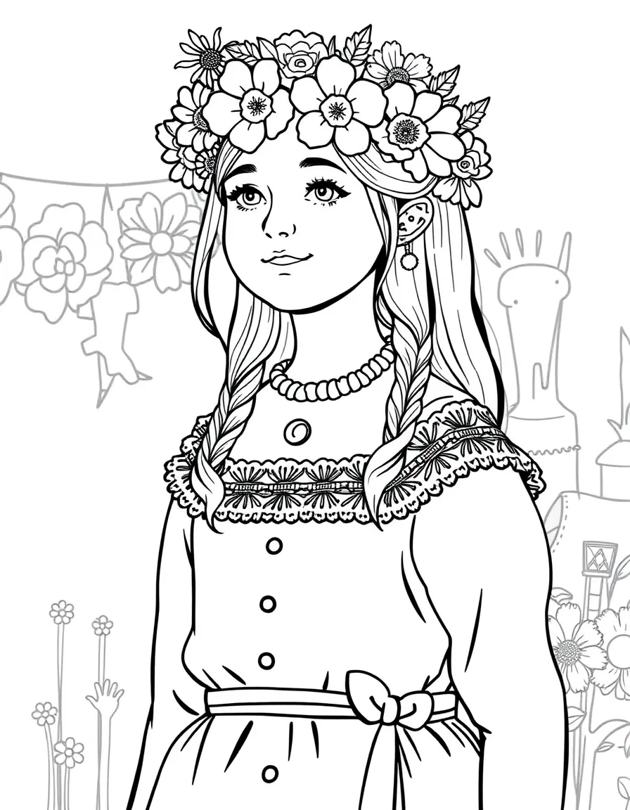 (Finland) A girl wearing a Finnish folk dress and flower crown at a summer festival.