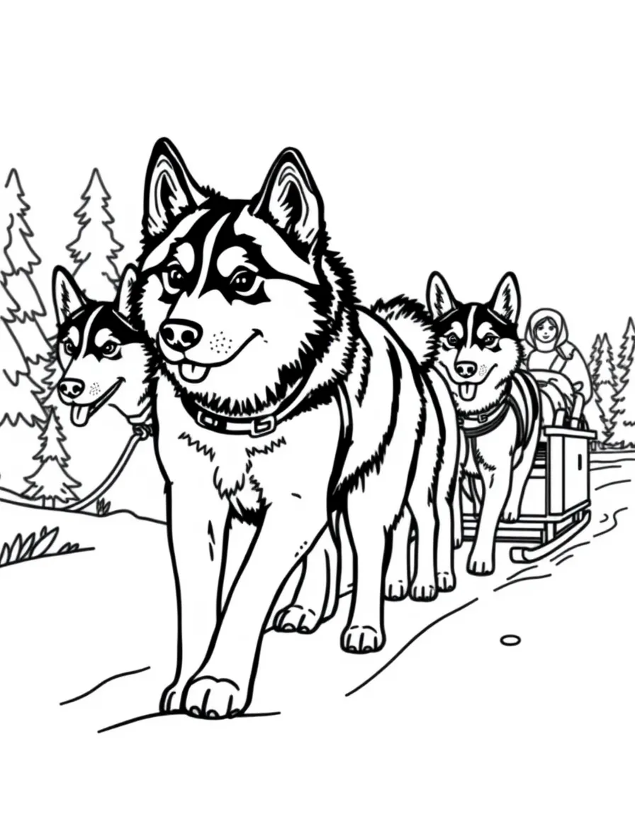 (Finland) Husky sled dogs pulling a sleigh through the snowy wilderness.