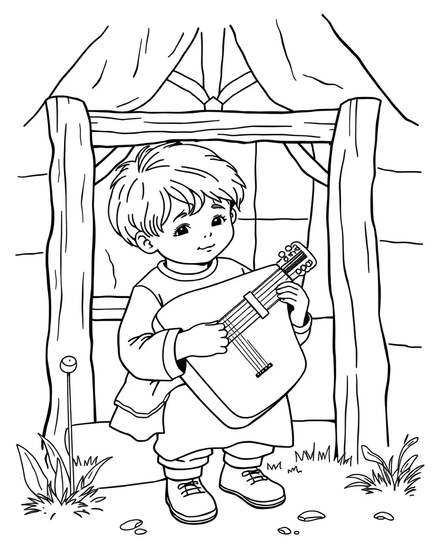 (Finland) A child playing the kantele (traditional Finnish zither) by a cottage.