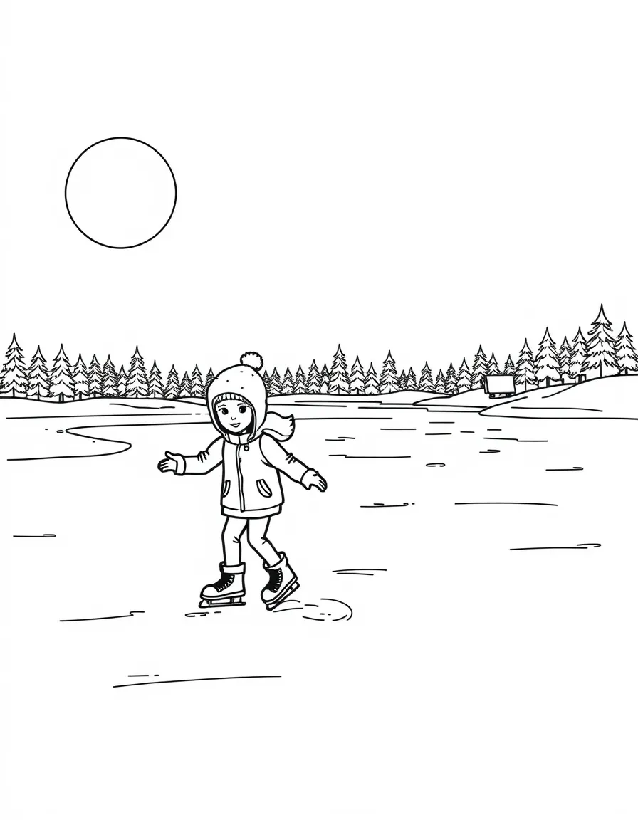 (Finland) Two kids ice skating on a frozen lake under the winter sun.