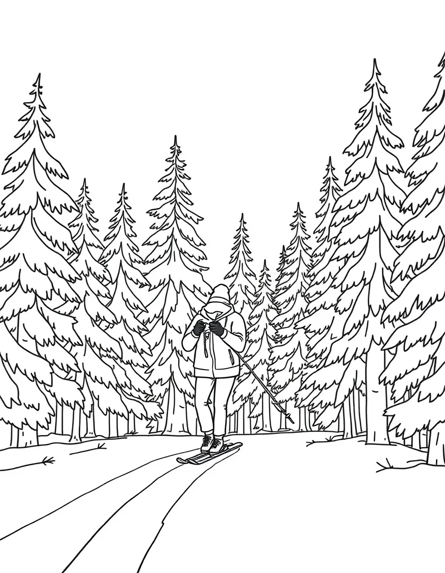 (Finland) A cross-country skier gliding through a snowy pine forest.