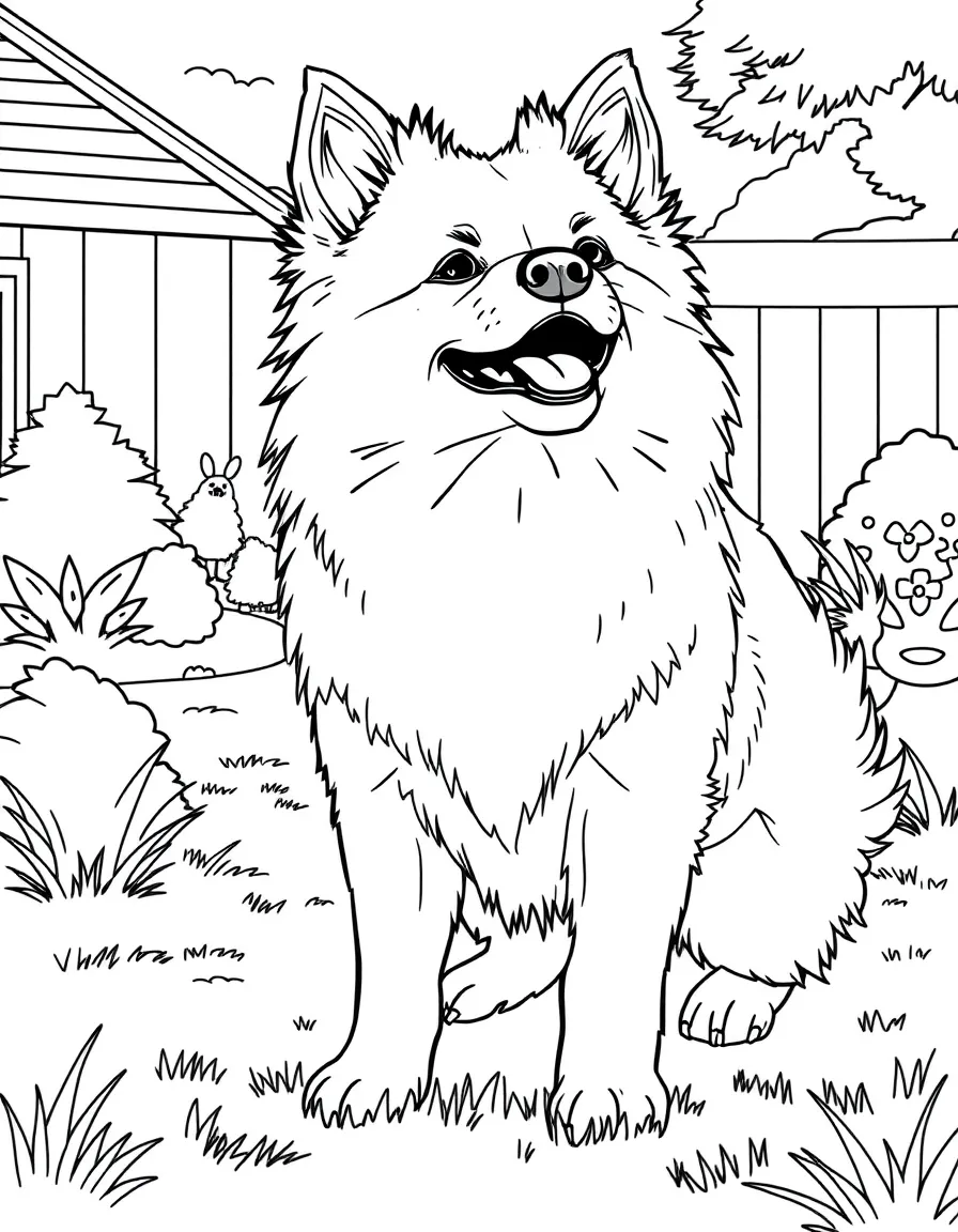 (Finland) A friendly Finnish Spitz dog playing in a sunny yard.
