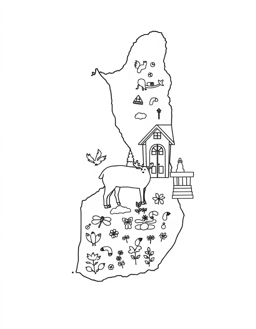 (Finland) A map of Finland decorated with symbols like a reindeer and a sauna.