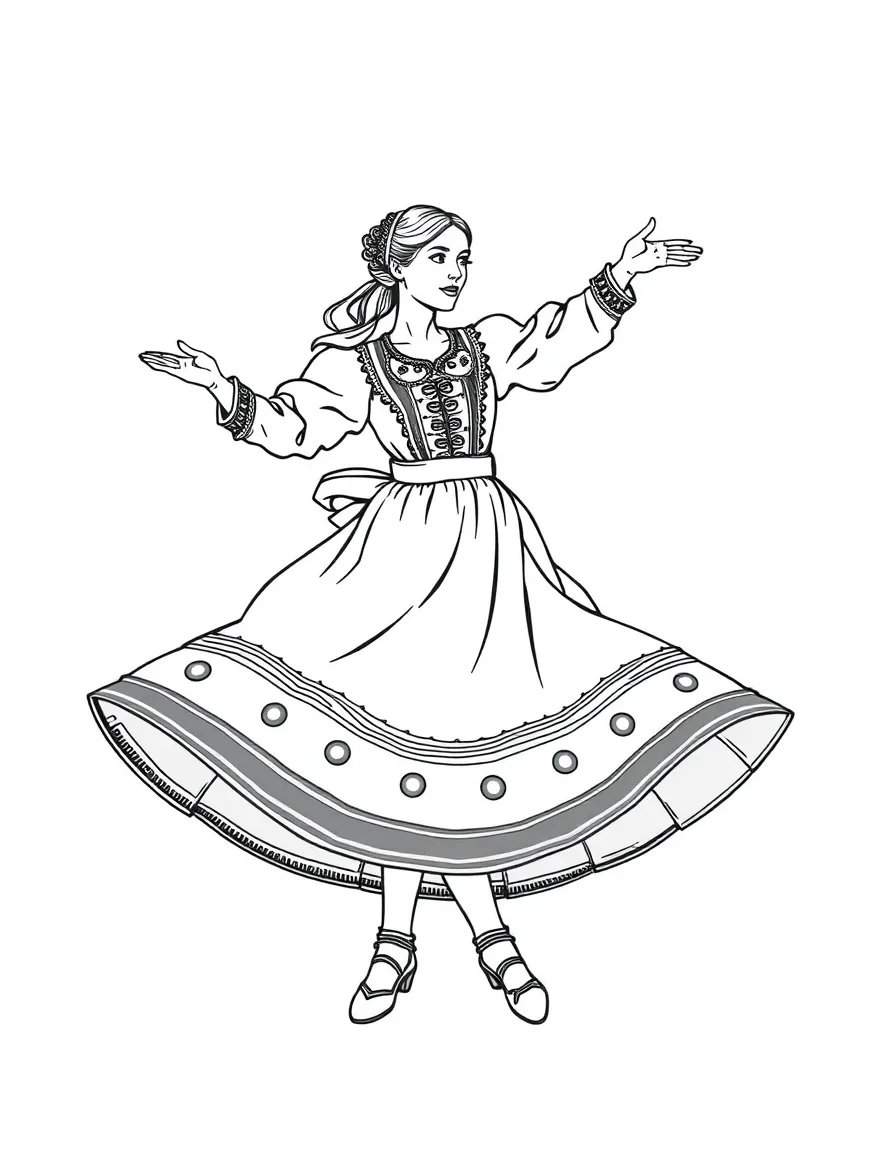 (Finland) A folk dancer twirling in a traditional Finnish costume.