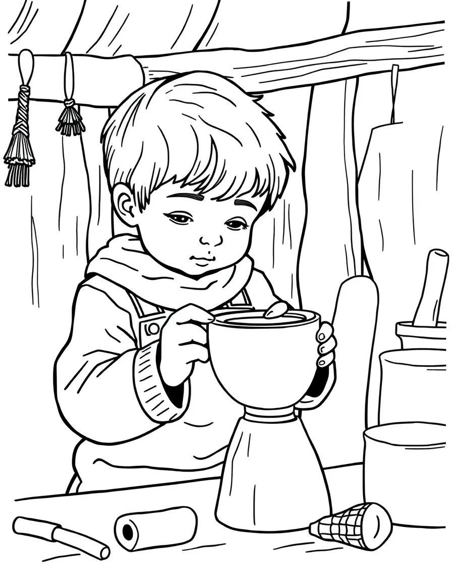 (Finland) A child carving a wooden kuksa cup at a craft workshop.