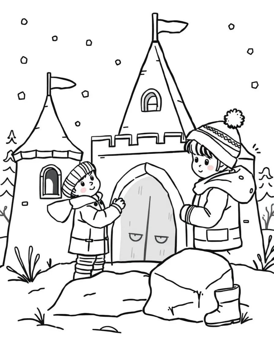 (Finland) A pair of children building a snow castle in the winter snow.
