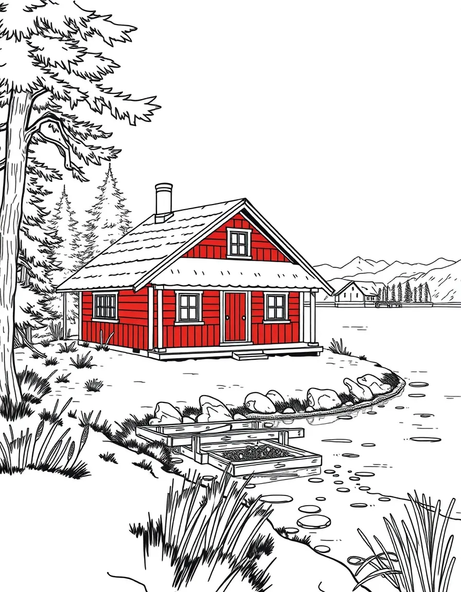 (Finland) An old red wooden cottage (“mökki”) by a quiet lakeshore.