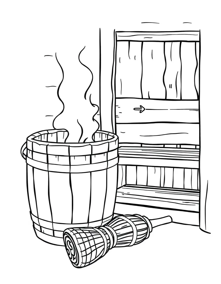(Finland) A sauna bucket and birch whisk ready next to a hot sauna.