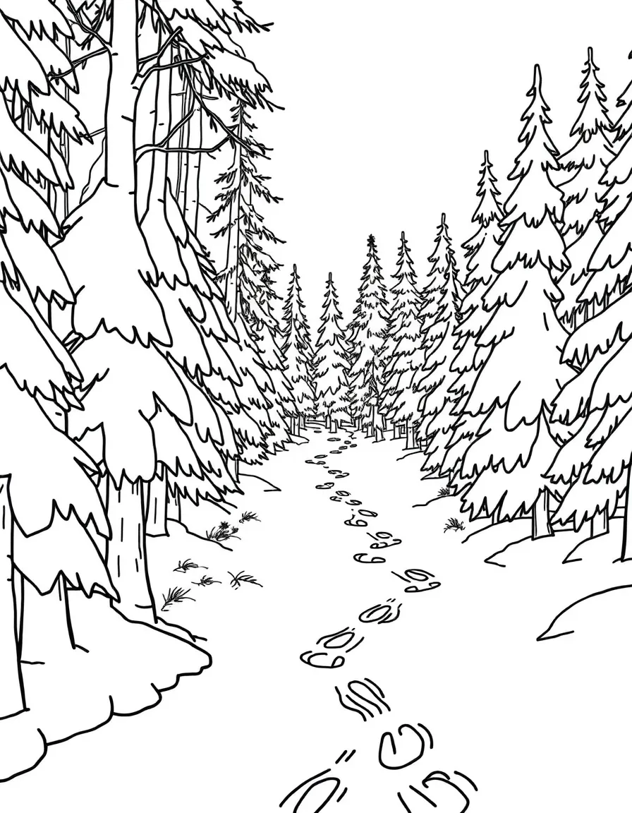 (Finland) A snow-covered pine forest with animal tracks zigzagging through.