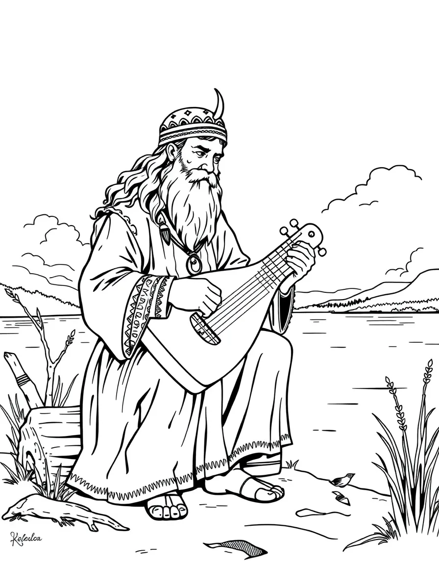 (Finland) An ancient folk hero playing the kantele by a lakeshore (Kalevala legend).