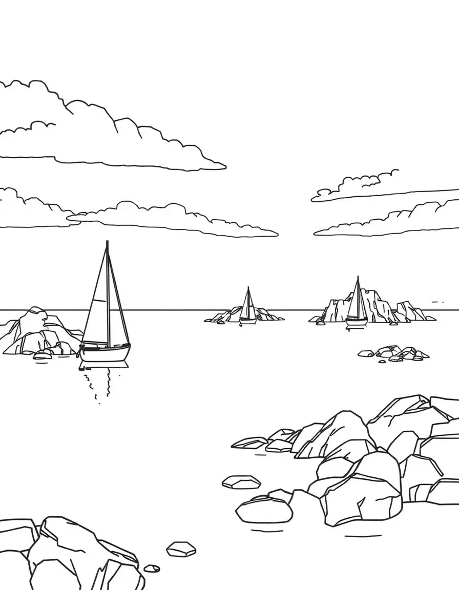 (Finland) A Finnish archipelago scene with sailboats and rocky islets.