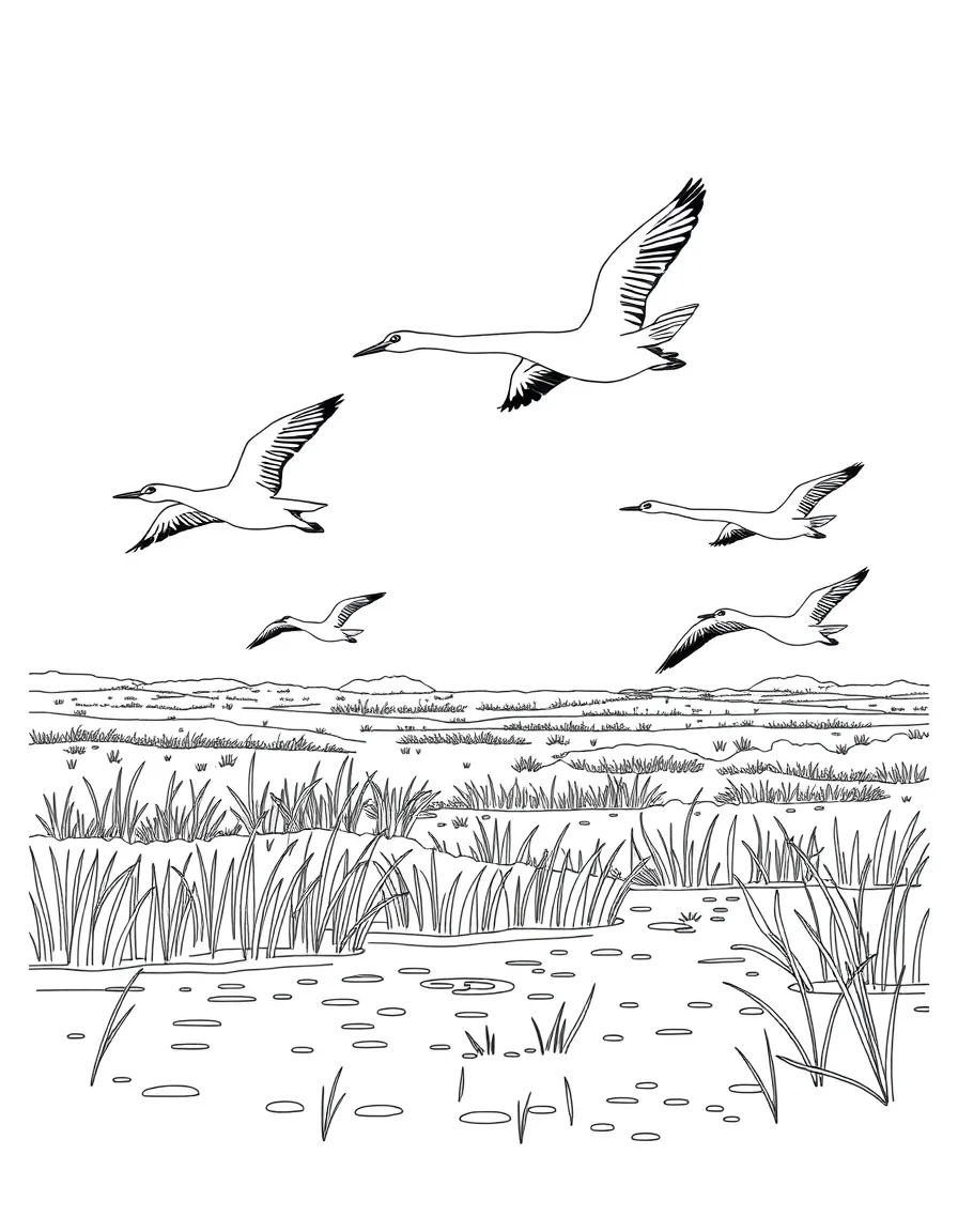 (Finland) Cranes flying south over golden wetlands on an autumn day.