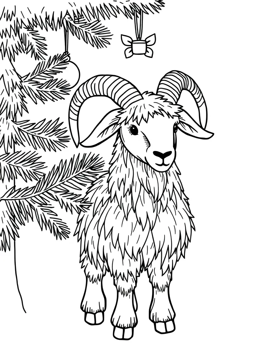 (Finland) A straw Yule Goat (Joulupukki) Christmas ornament by the tree.