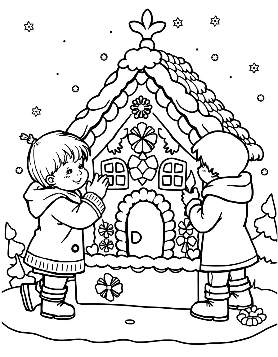(Finland) Children decorating a gingerbread house for Christmas.