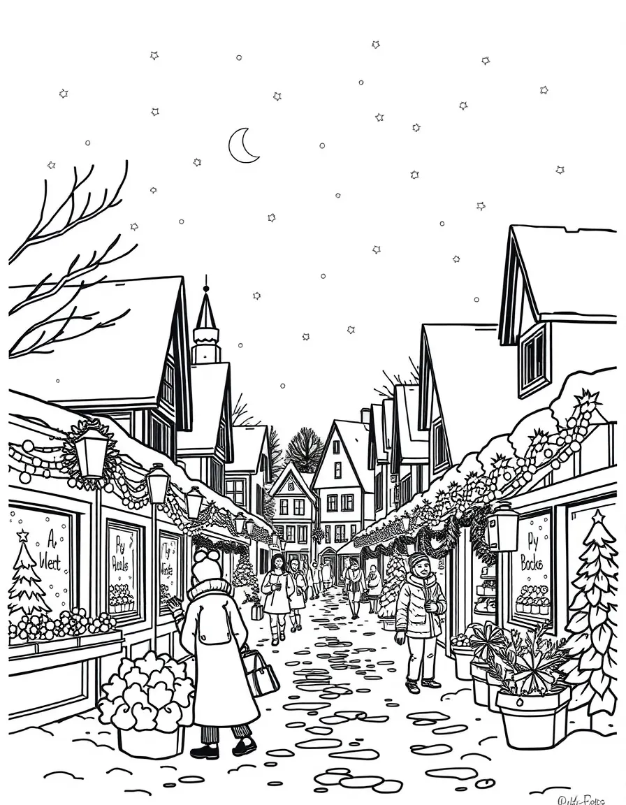 (Finland) A snowy village market at Christmas with lights and decorations.