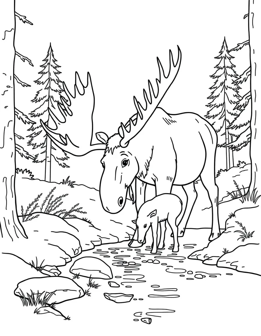 (Finland) A mother moose and her calf drinking from a forest stream.