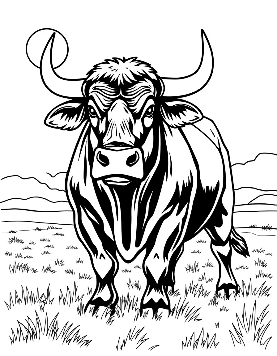 (Spain) A strong Spanish bull standing proudly in a sunny field.