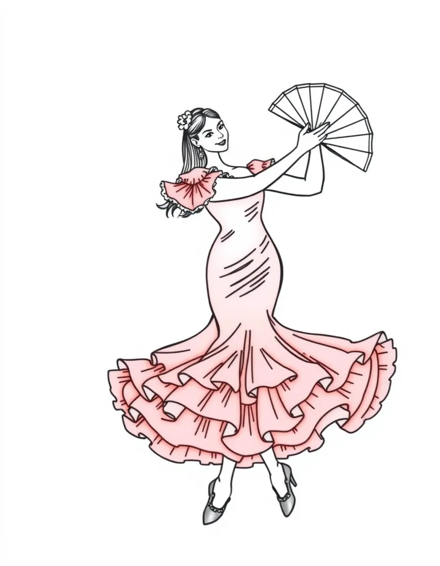 (Spain) A flamenco dancer in a red ruffled dress twirling with a fan.