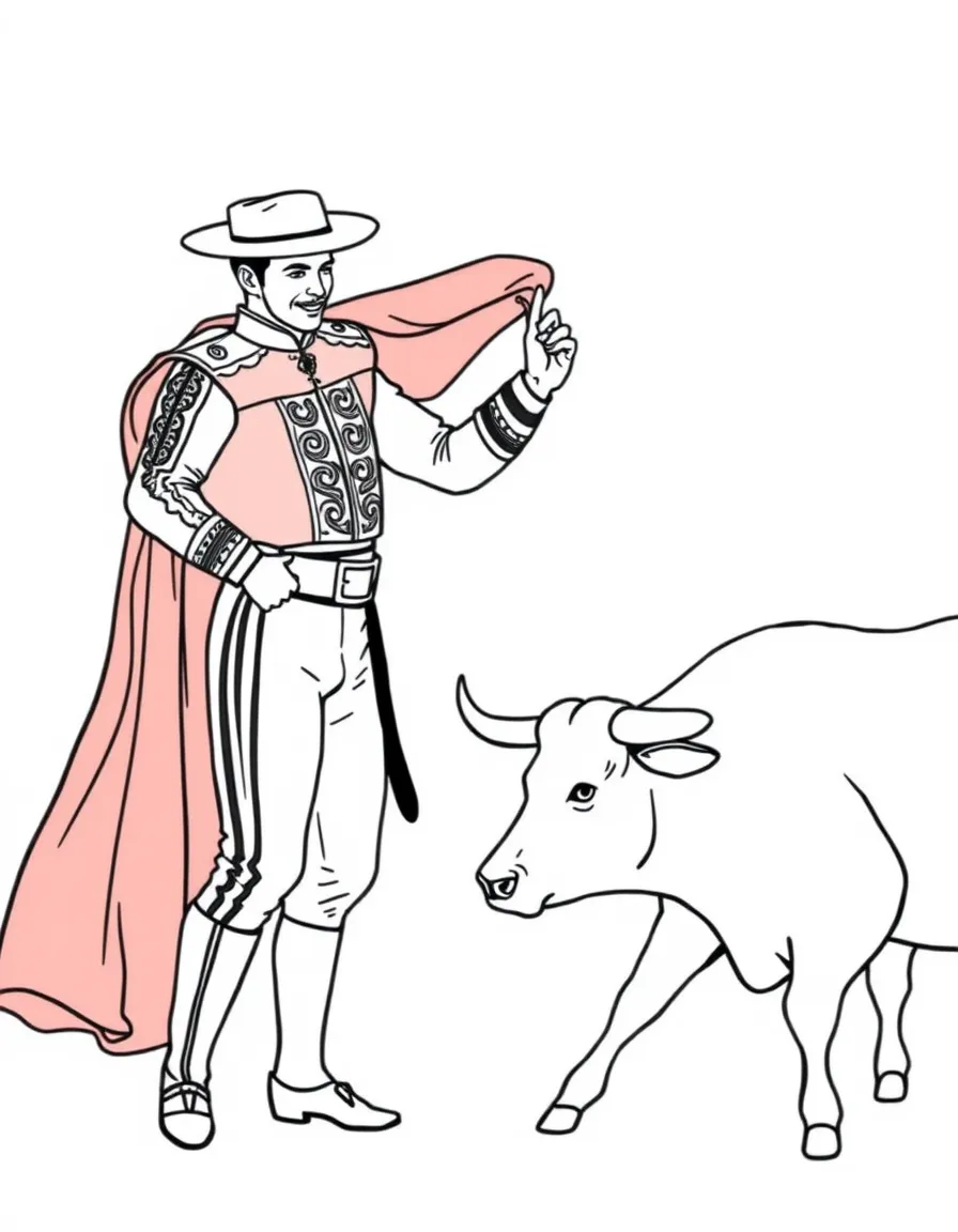 (Spain) A matador in traditional costume waving a red cape at a bull.
