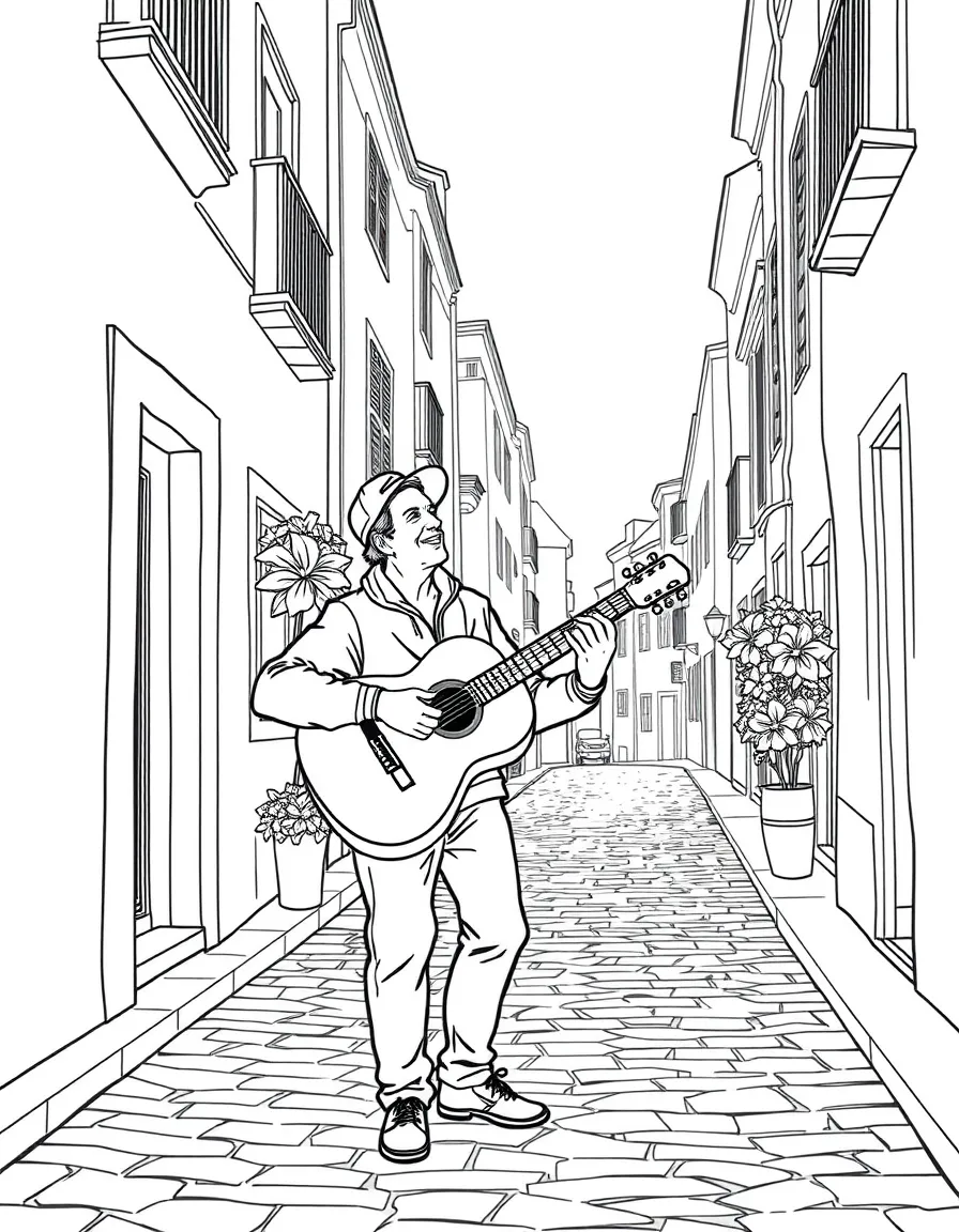 (Spain) A guitarist serenading with a Spanish guitar on a cobbled street.