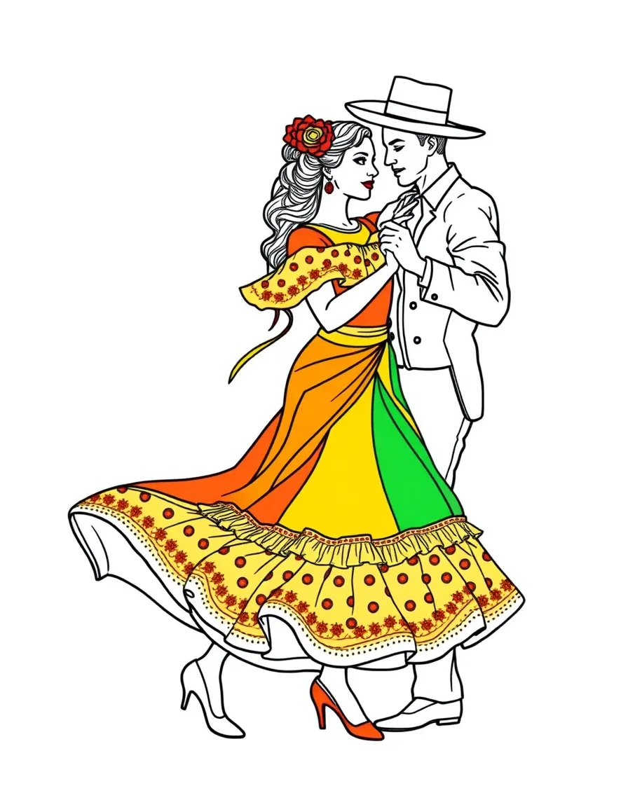 (Spain) A couple dancing the Sevillanas in colorful flamenco outfits.