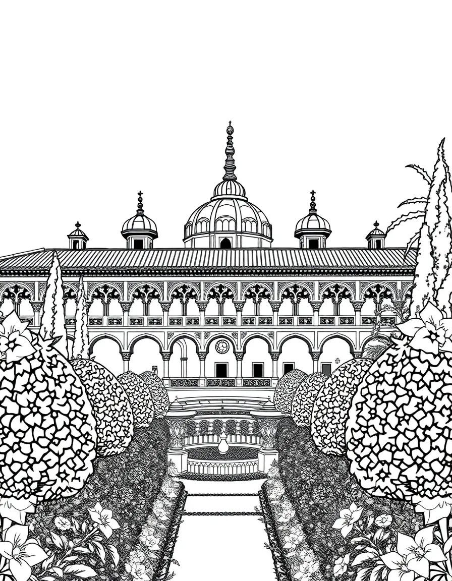 (Spain) The Alhambra palace with ornate arches and blooming gardens.