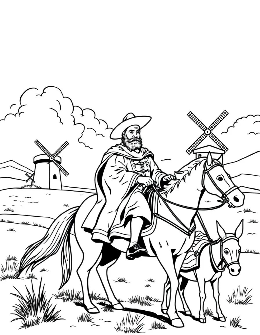 (Spain) Don Quixote on his horse and Sancho Panza on a donkey near windmills.