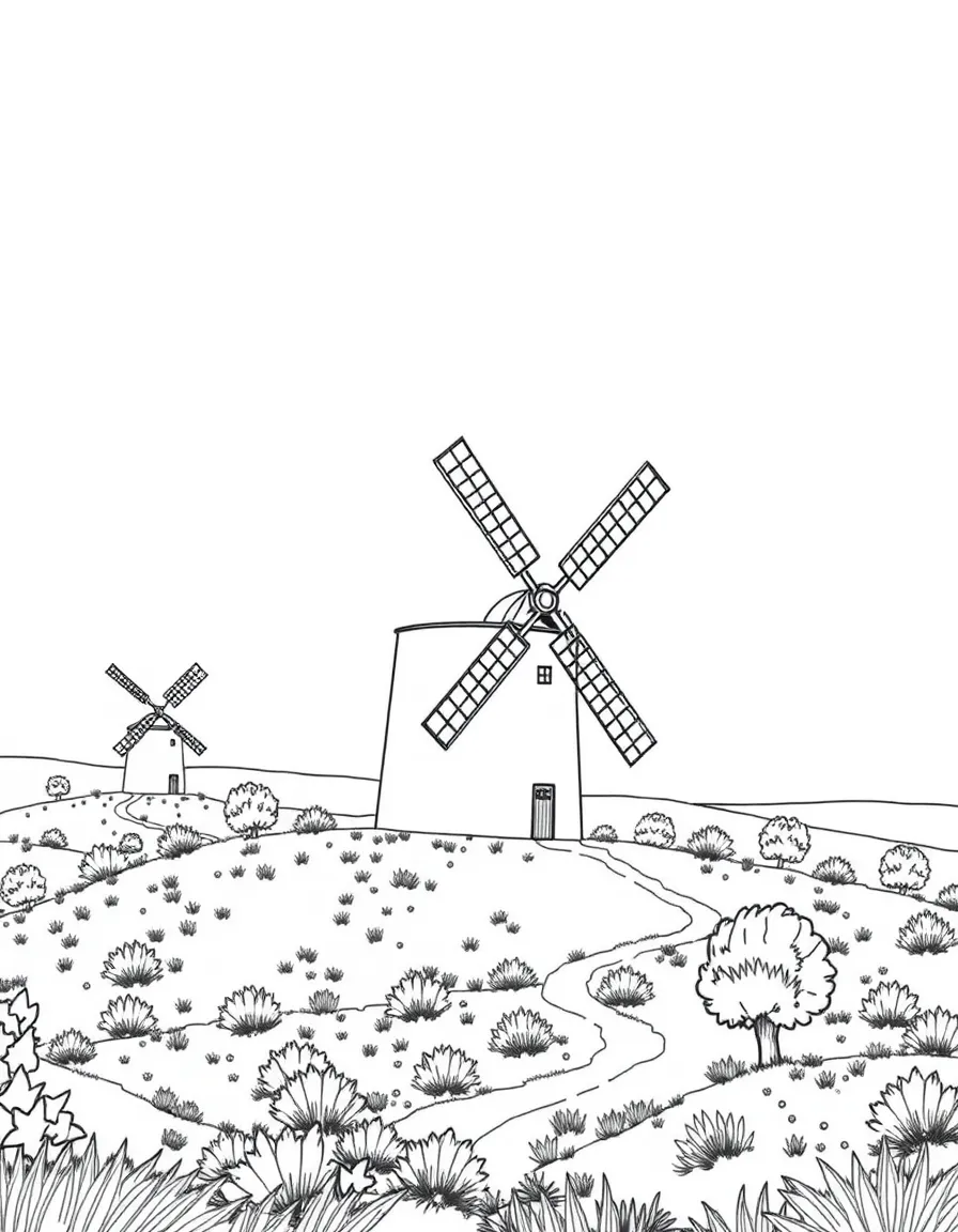 (Spain) Old windmills turning on a hill in the La Mancha countryside.