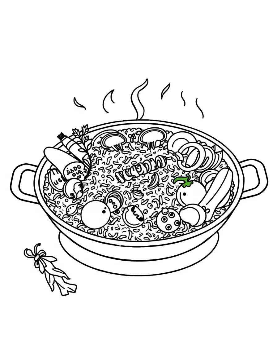 (Spain) A big pan of paella filled with rice, seafood, and vegetables.