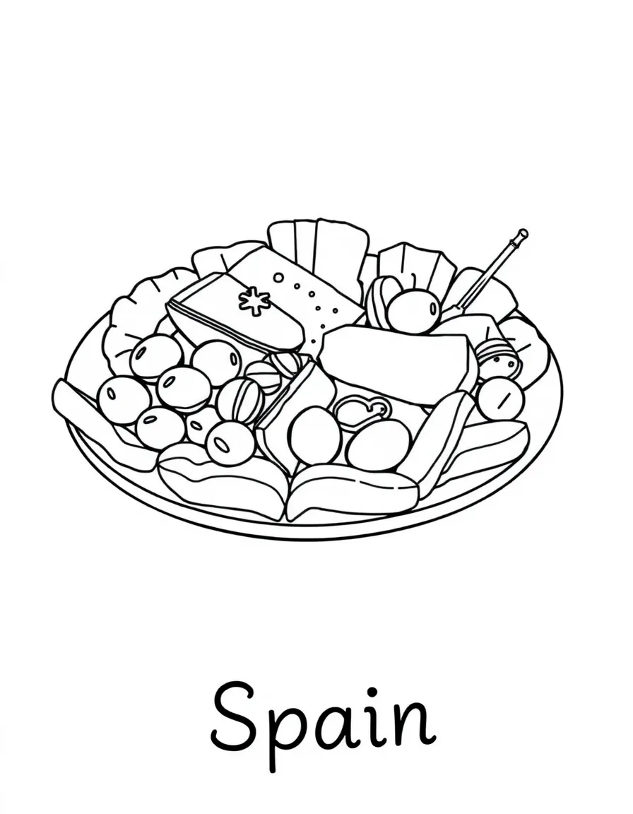 (Spain) A plate of tapas with olives, cheese, and tasty bites to share.