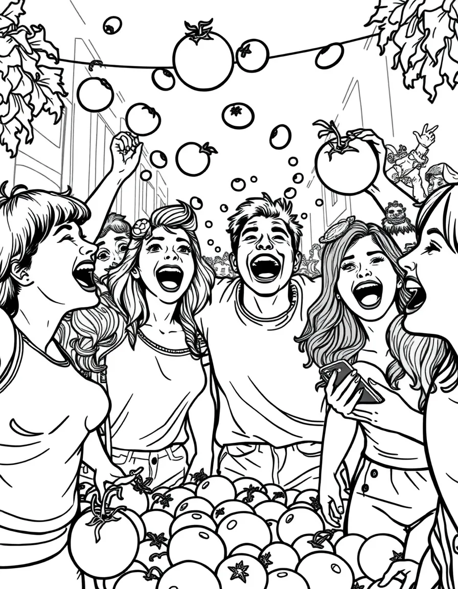 (Spain) People laughing and throwing tomatoes at La Tomatina festival.