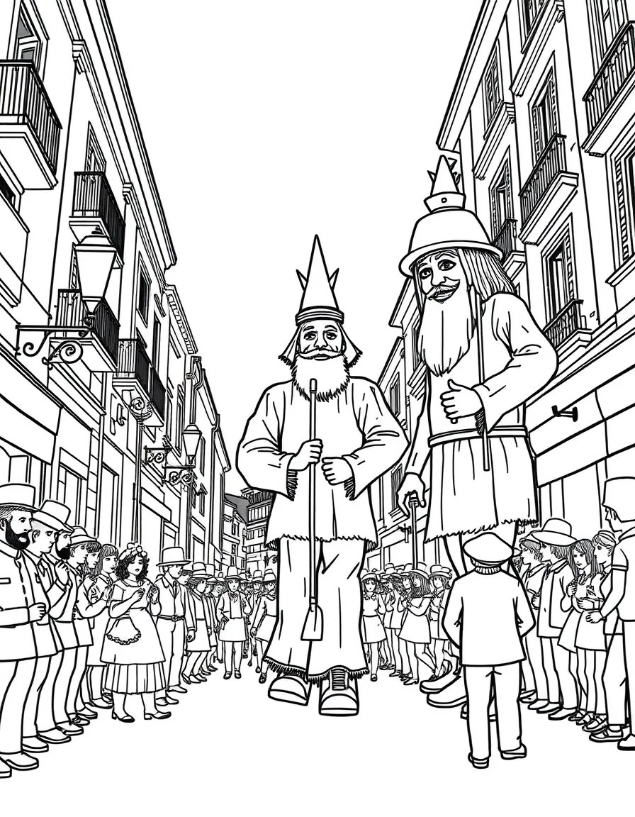 (Spain) Giant puppet figures (Gigantes) marching in a town festival parade.
