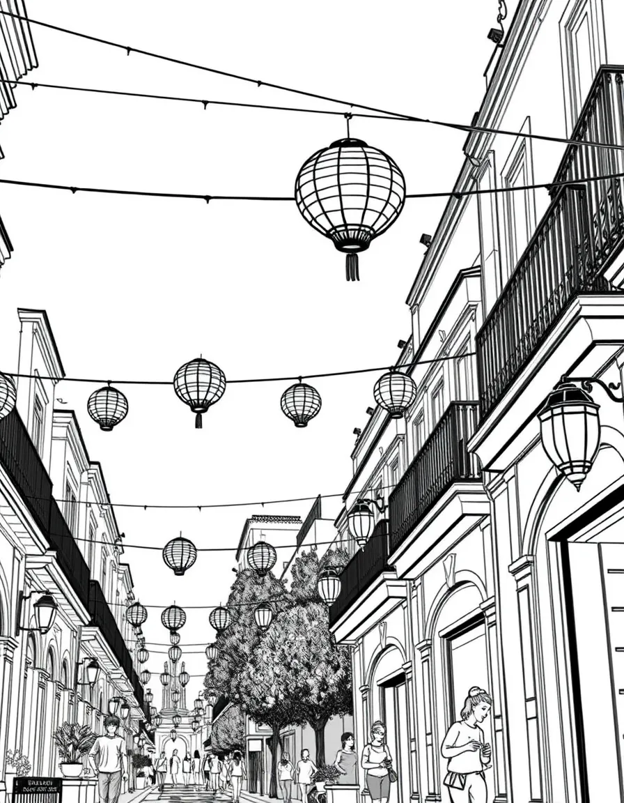 (Spain) A street in Seville decorated with paper lanterns for a fair.