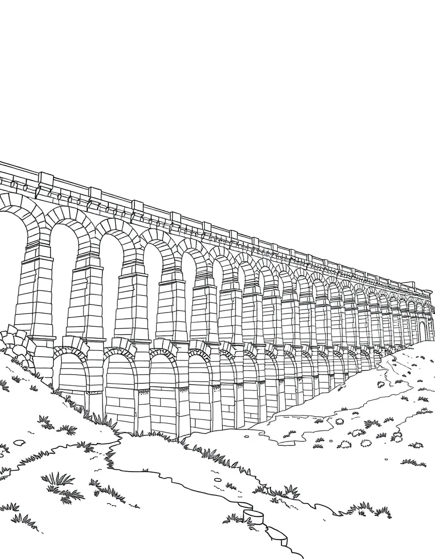 (Spain) The ancient Roman aqueduct of Segovia with its tall stone arches.