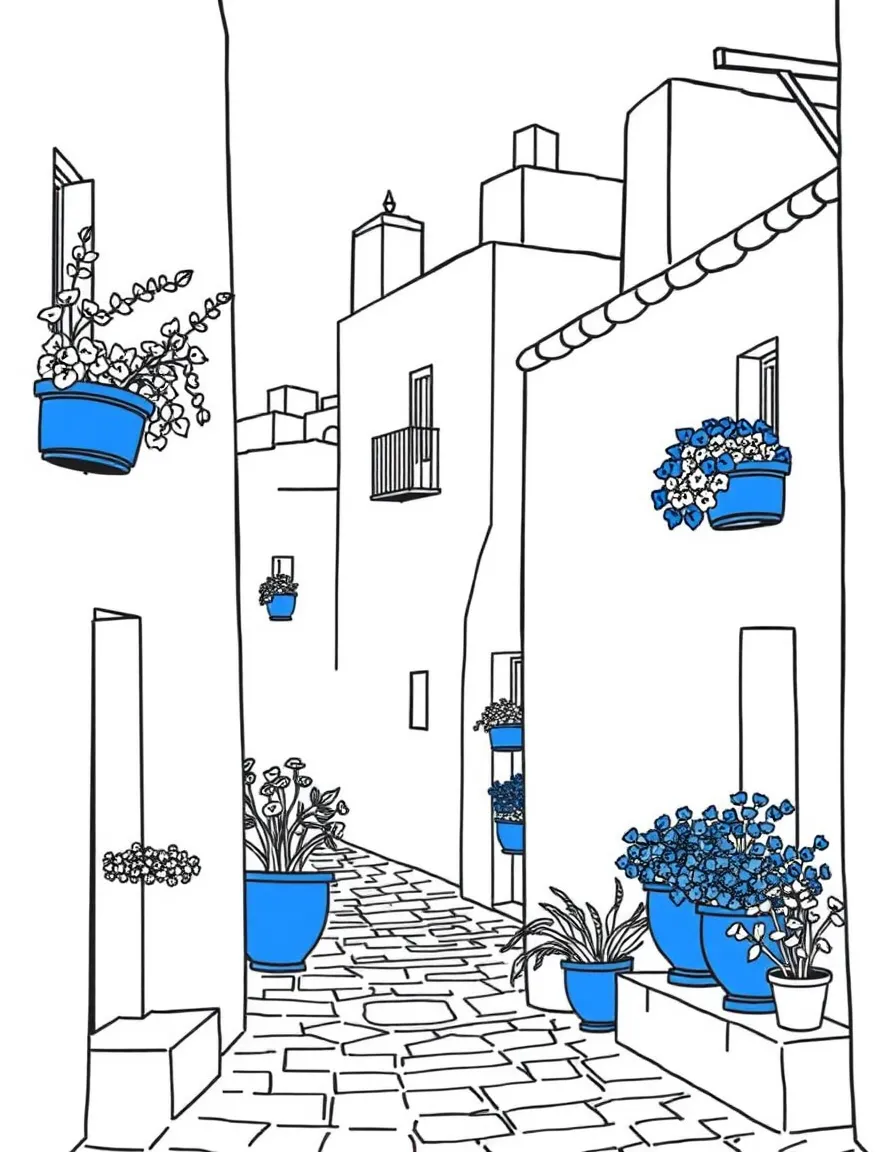 (Spain) A whitewashed Andalusian village with blue flower pots on the walls.