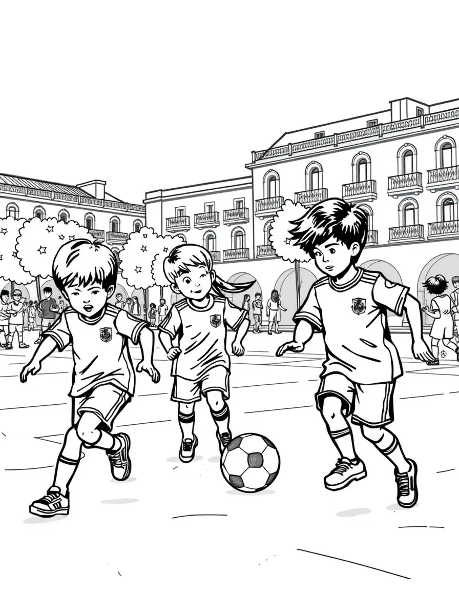 (Spain) Children in team jerseys playing football (soccer) in a plaza.