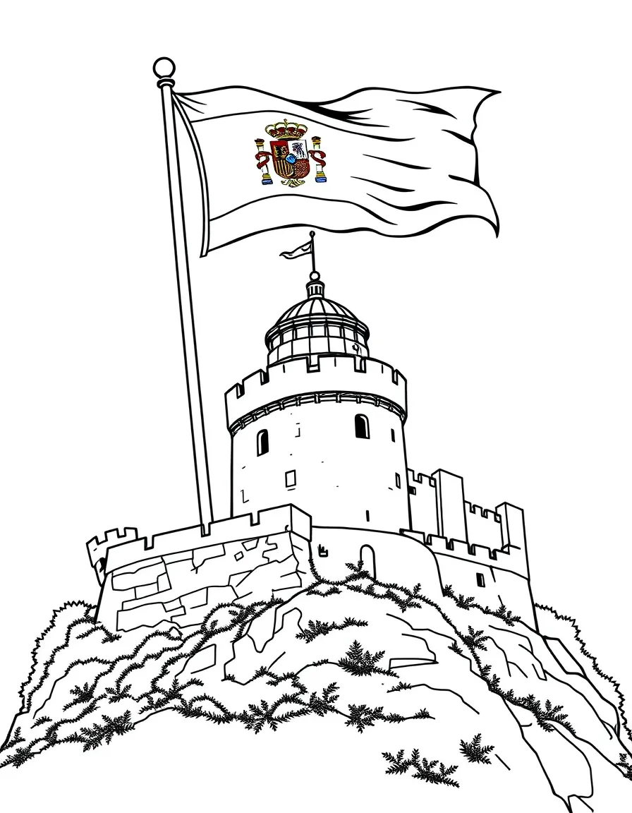 (Spain) The Spanish flag flying high above a historic fortress.