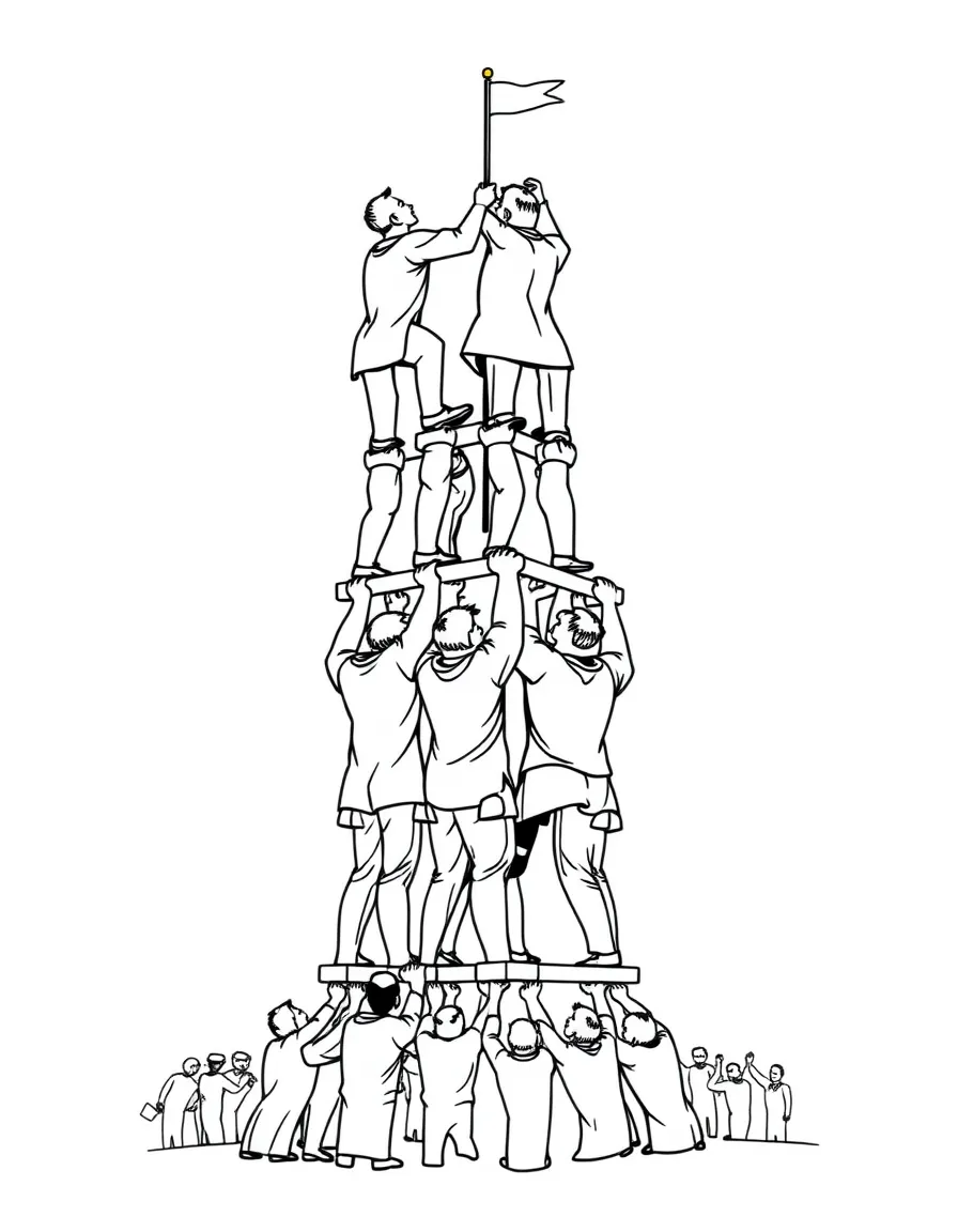 (Spain) A team of Castellers forming a human tower in Catalonia.