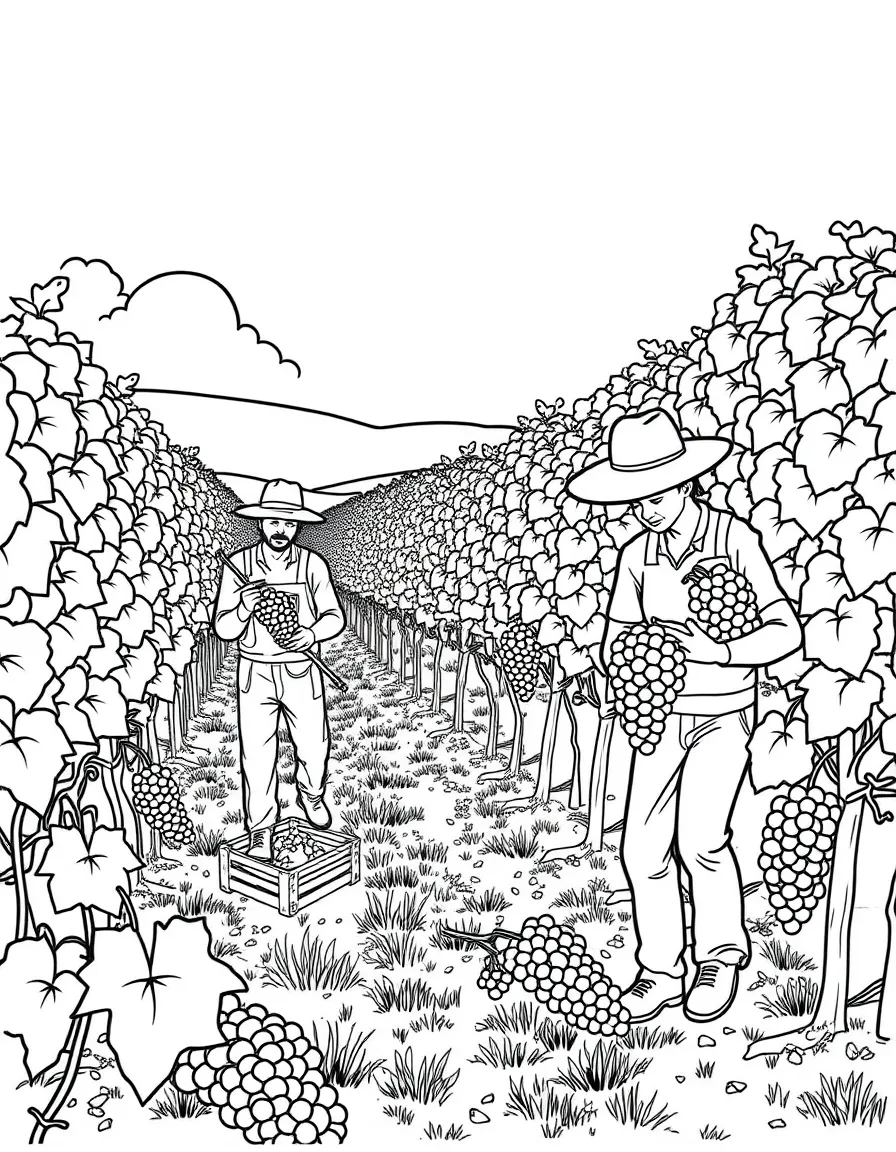 (Spain) Workers harvesting grapes in a sunny vineyard in Spain.
