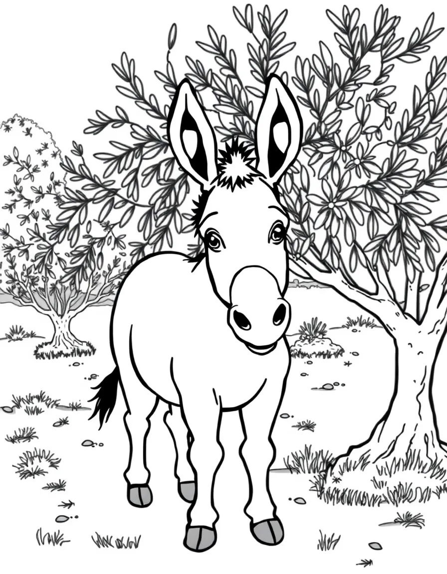 (Spain) A friendly gray donkey standing by an olive grove.