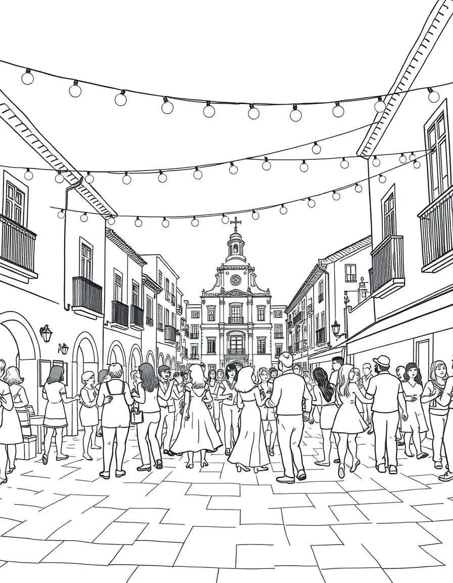 (Spain) A town square fiesta with people dancing under string lights.