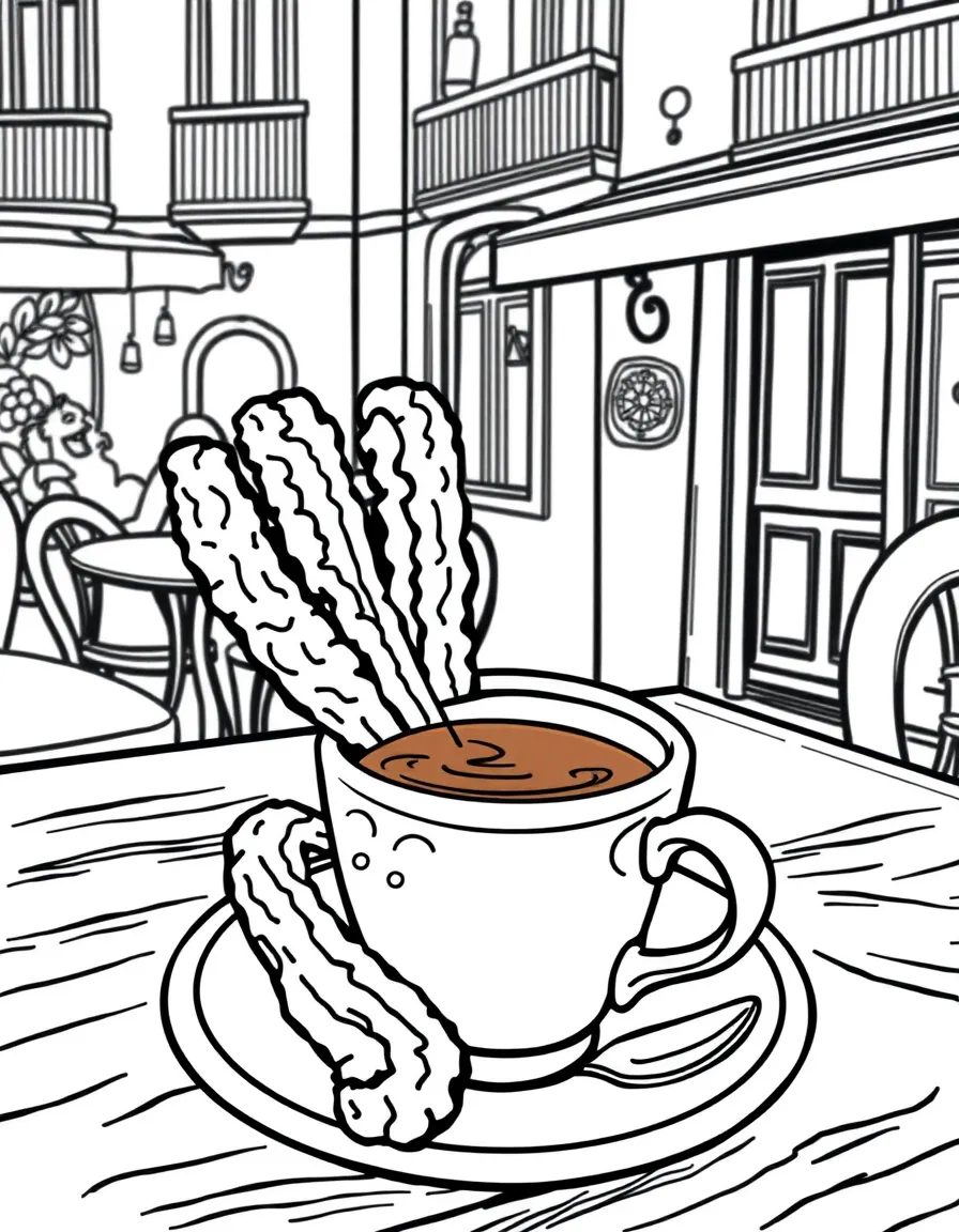 (Spain) Crunchy churros and a cup of thick hot chocolate on a café table.