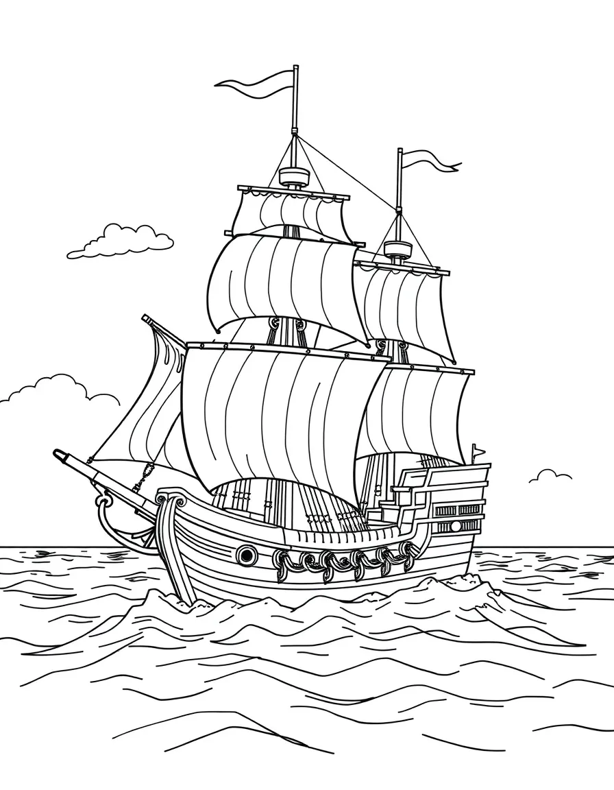 (Spain) A classic Spanish galleon ship sailing on the open sea.