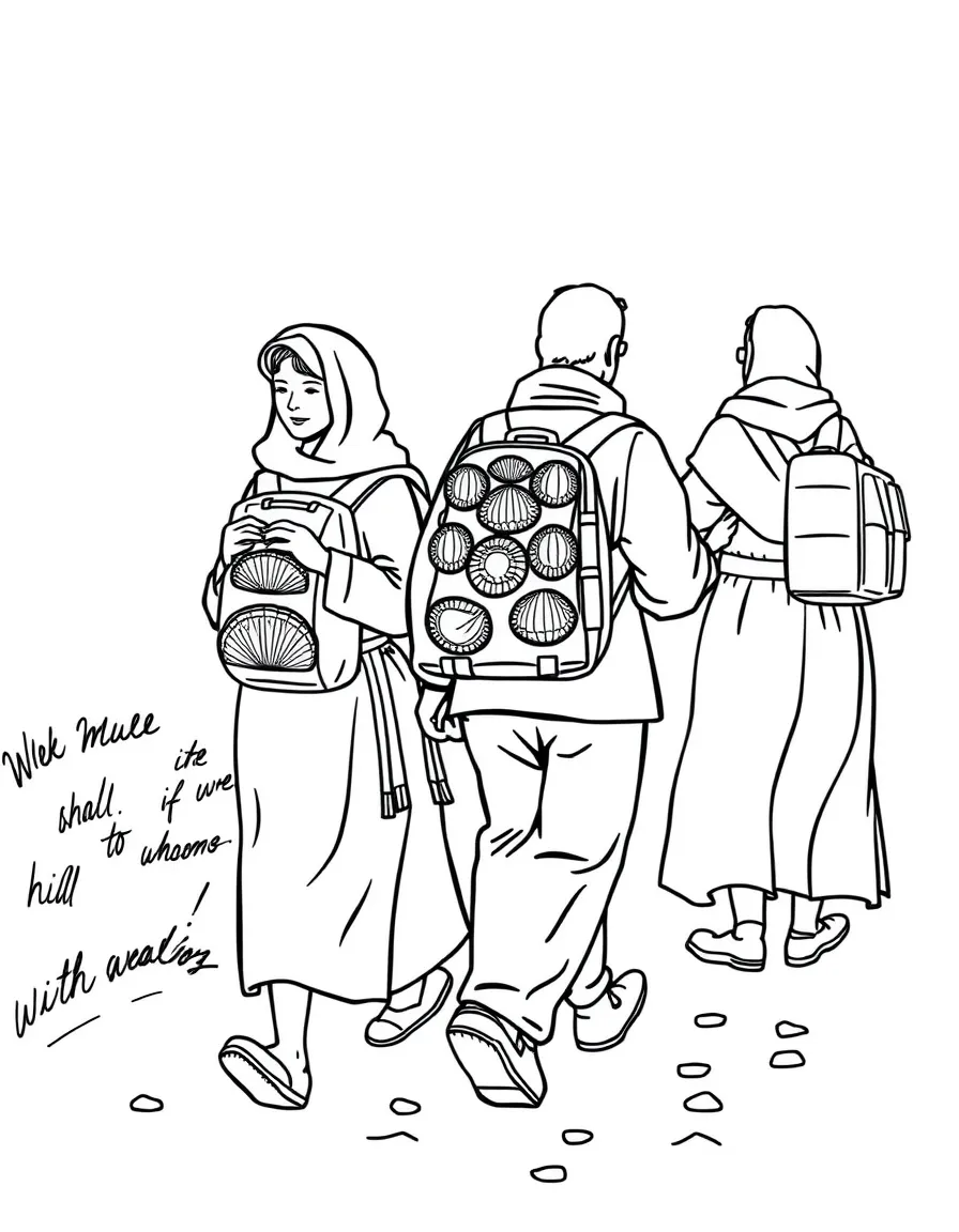 (Spain) Pilgrims walking the Camino de Santiago with shells on their packs.