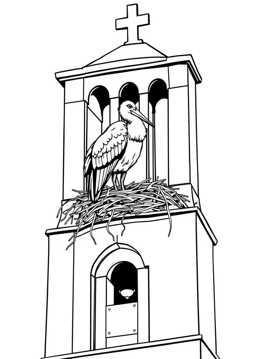 (Spain) A majestic white stork nesting on a church bell tower.